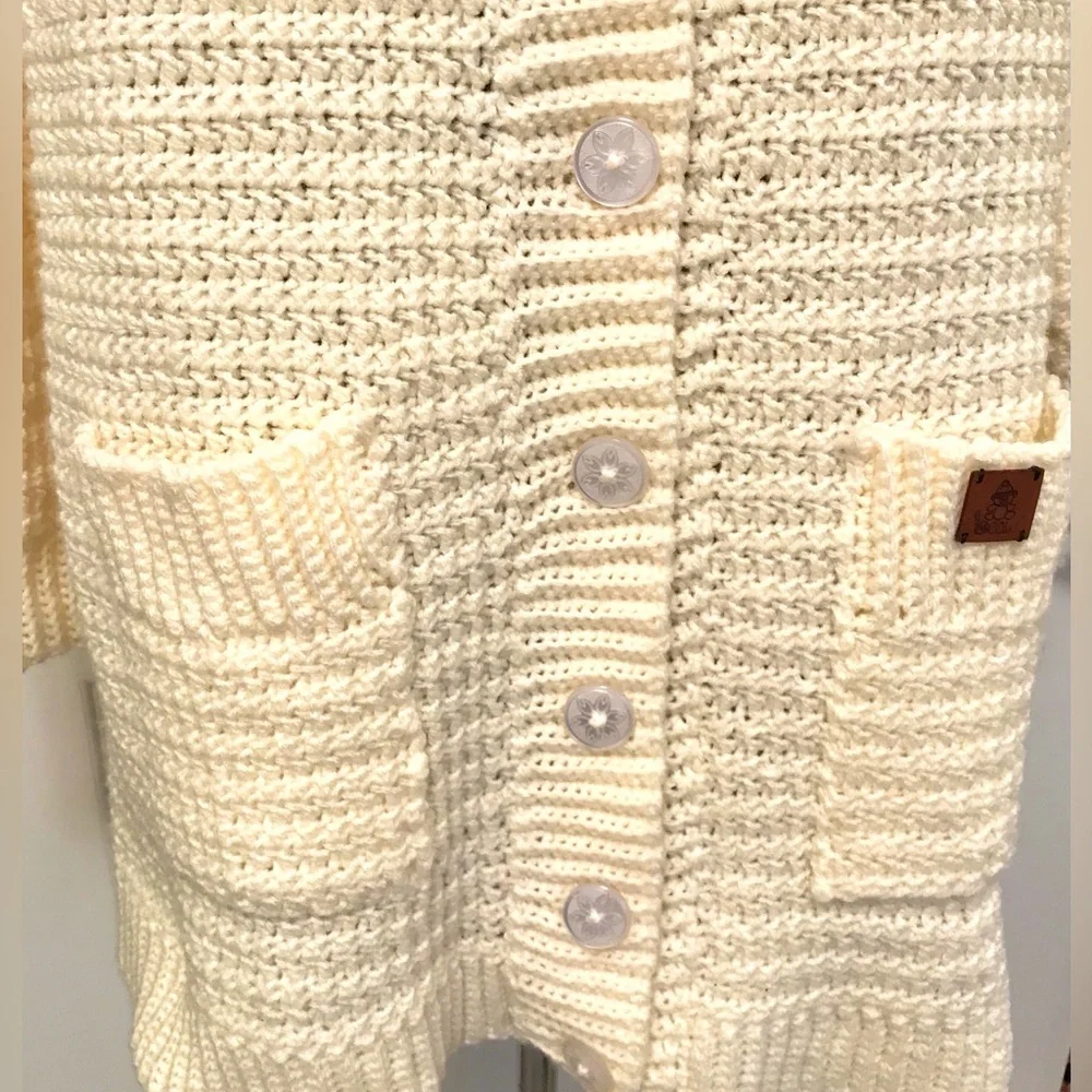Hand-Made Crocheted Ivory Chunky Knit Cardigan Sweater
